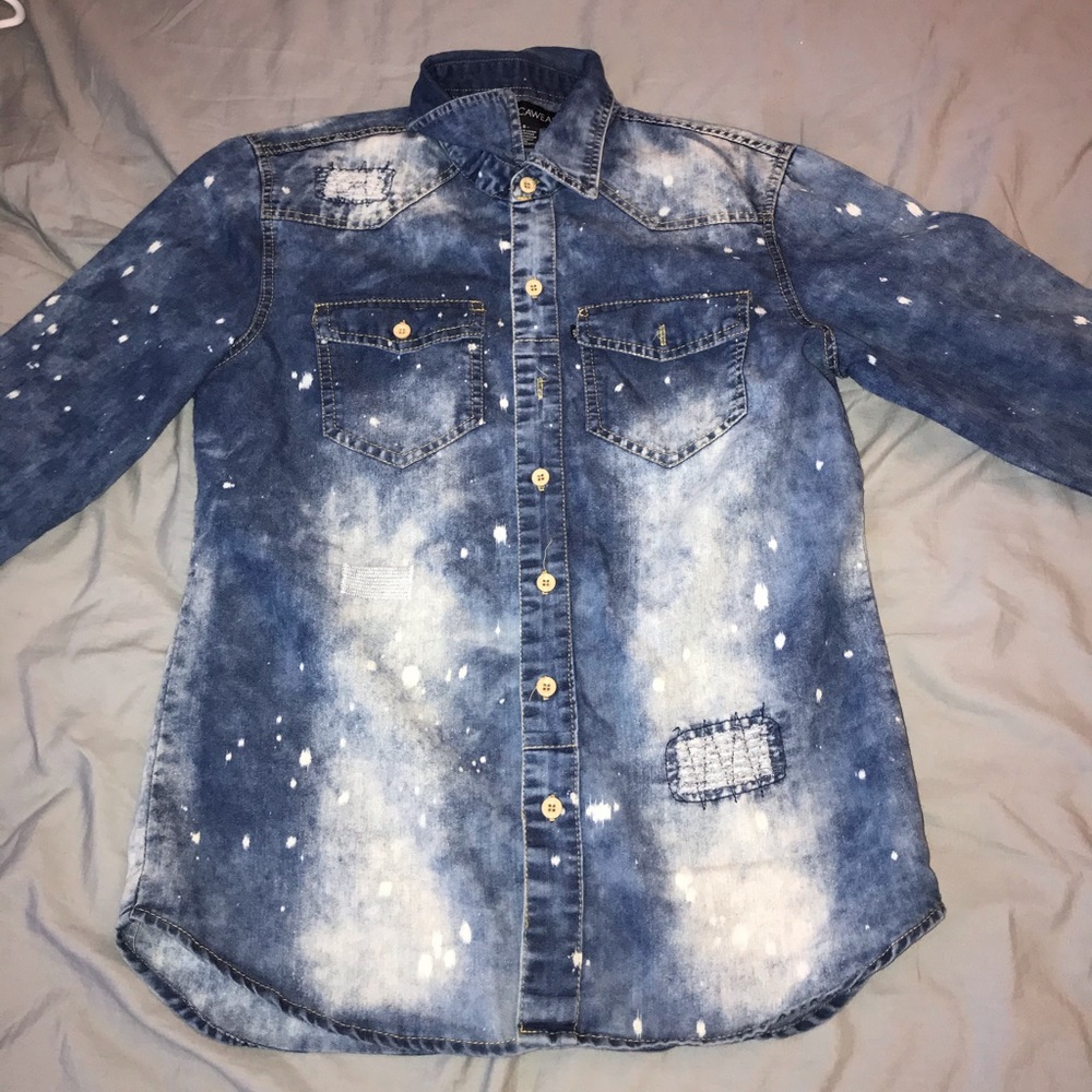 Distress jean button up